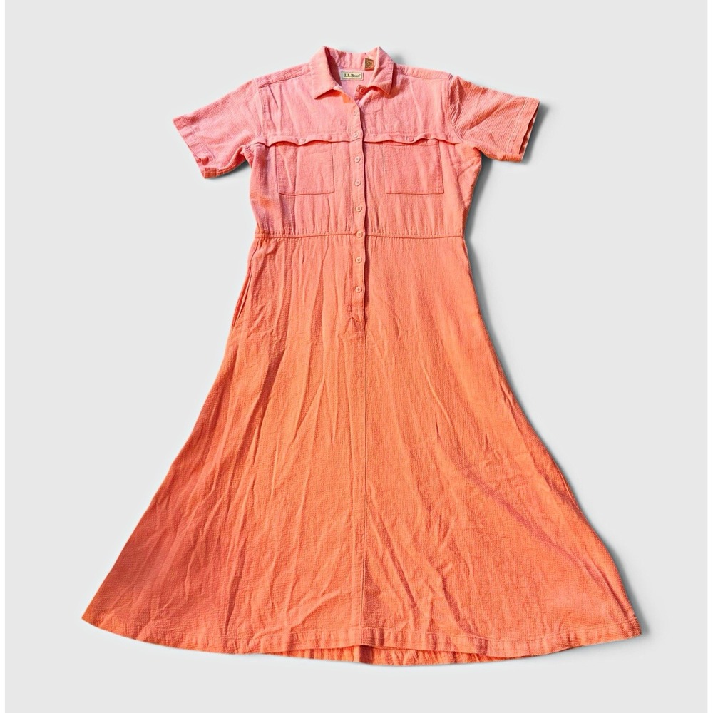 Vintage LL Bean Shirtdress 8 Pink Textured Cotton Safari Pockets Midi Preppy